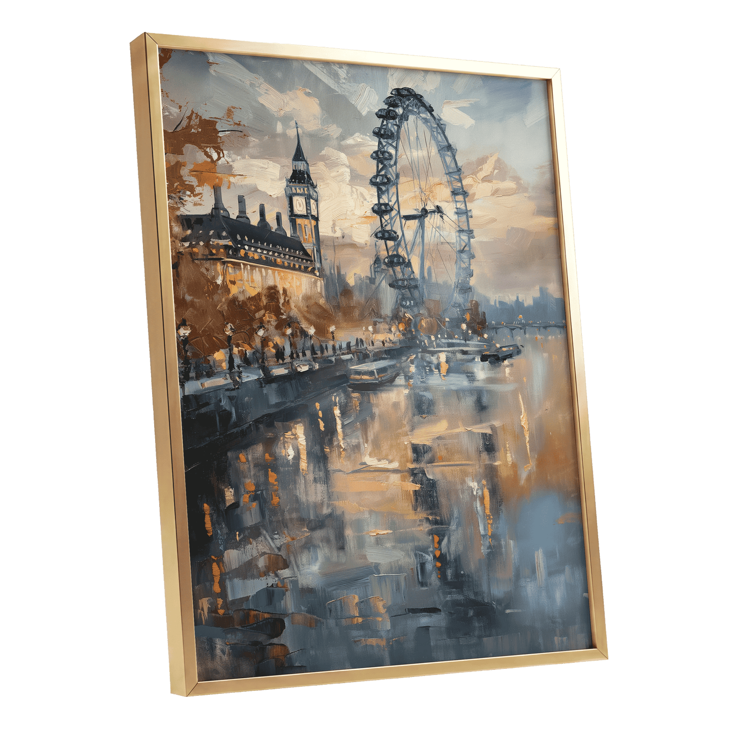 Thames Afterglow, blue, beige, brown abstract wall art shown as a gold framed poster wall art print
