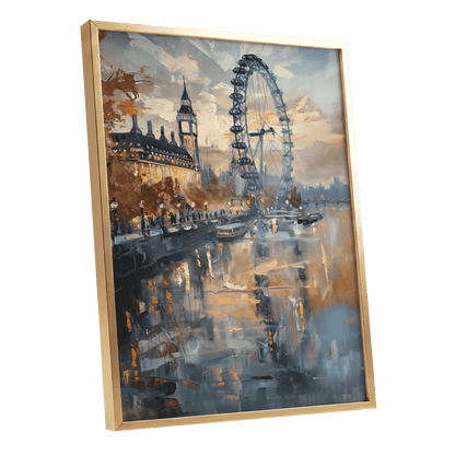 Thames Afterglow, blue, beige, brown abstract wall art shown as a gold framed poster wall art print