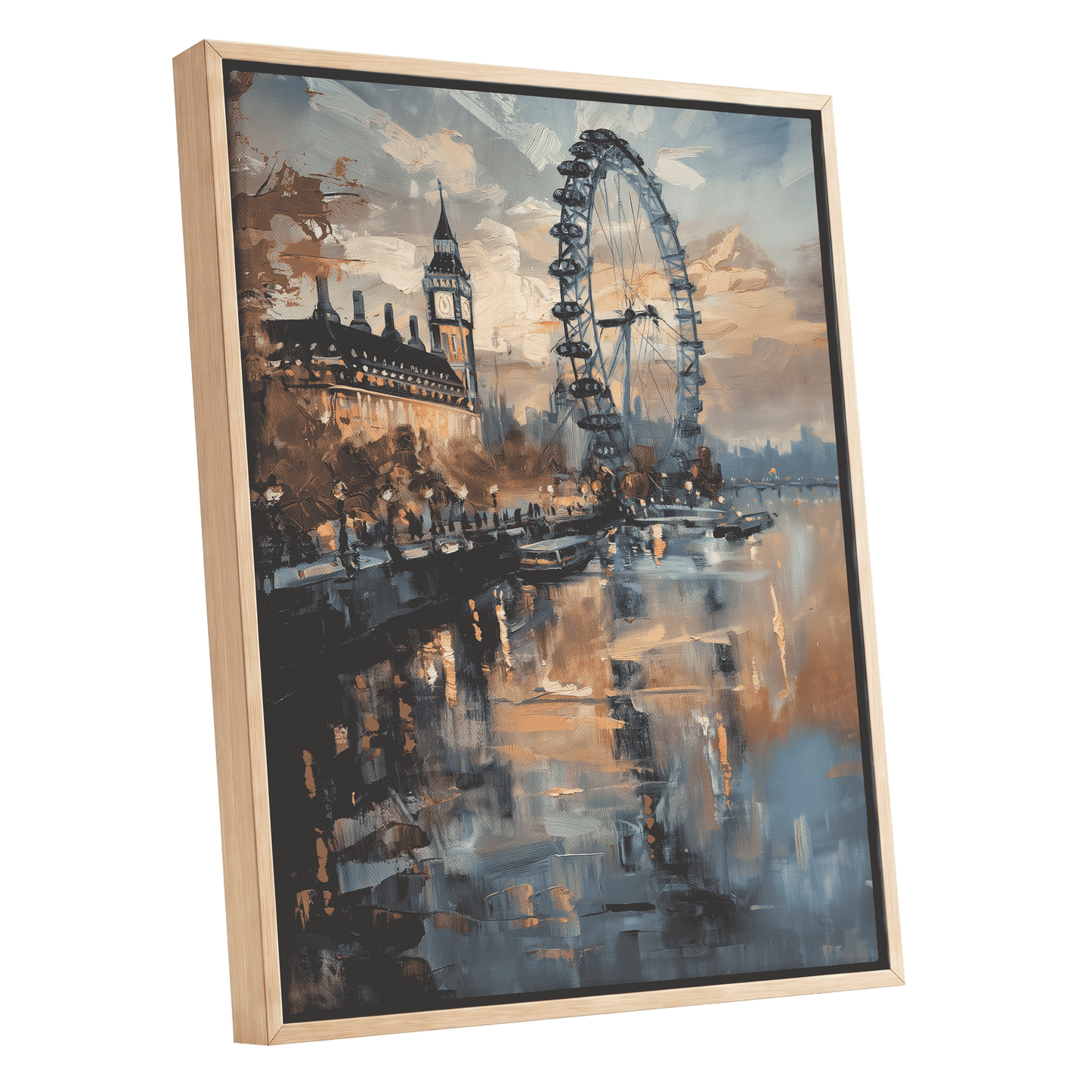 Thames Afterglow, blue, beige, brown abstract wall art shown as a oak framed canvas wall art