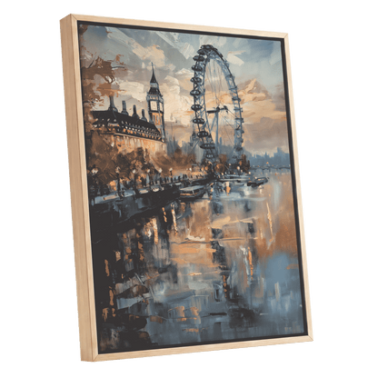 Thames Afterglow, blue, beige, brown abstract wall art shown as a oak framed canvas wall art