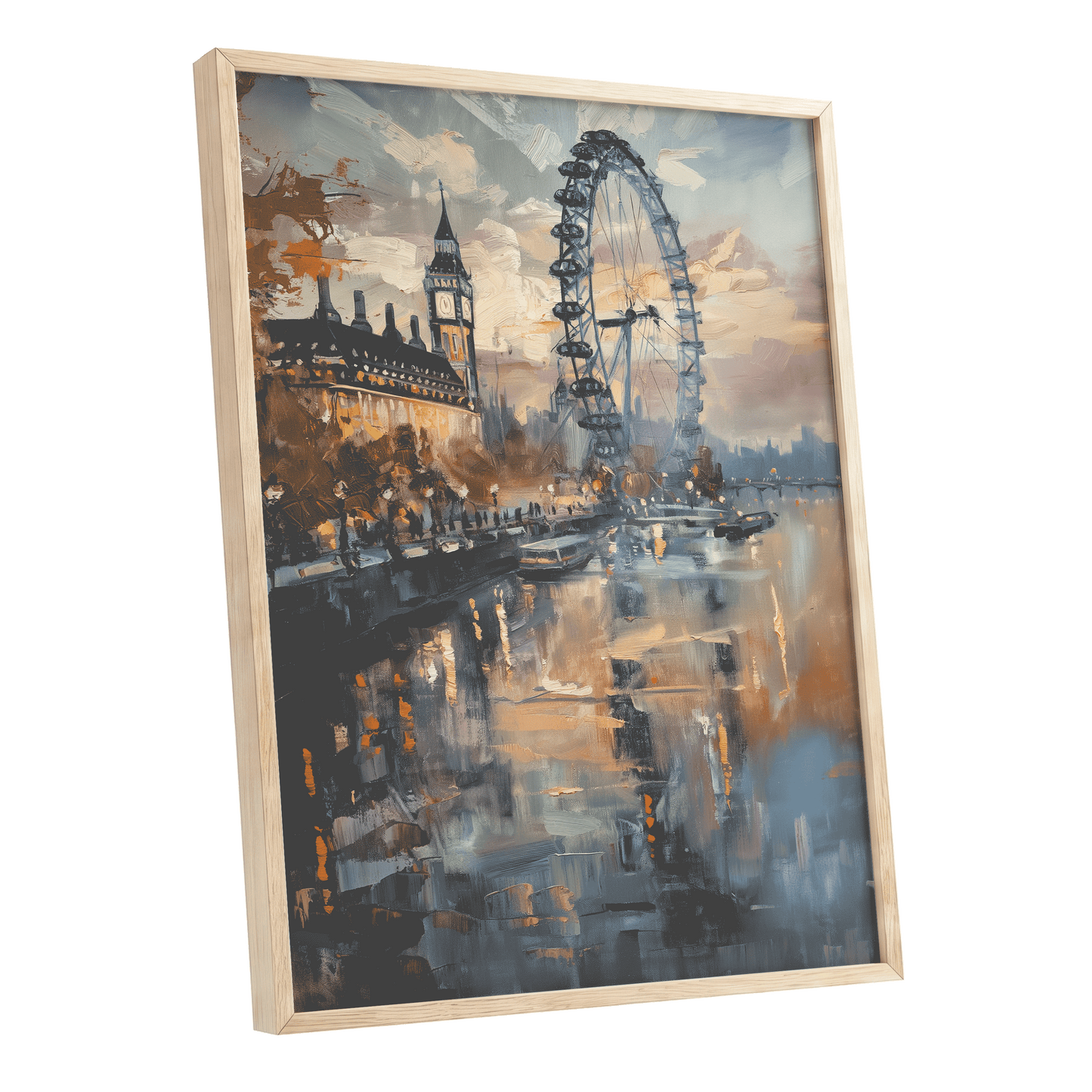 Thames Afterglow, blue, beige, brown abstract wall art shown as a oak framed poster wall art print