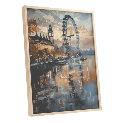 Thames Afterglow, blue, beige, brown abstract wall art shown as a oak framed poster wall art print