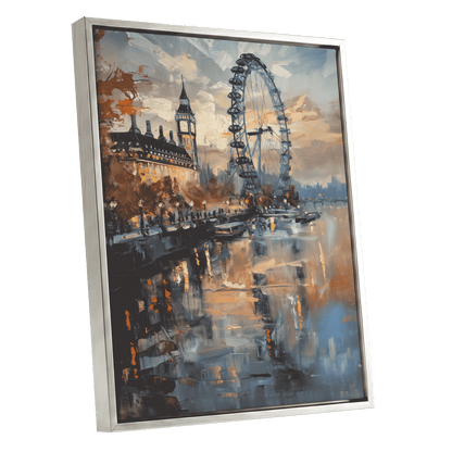 Thames Afterglow, blue, beige, brown abstract wall art shown as a silver framed canvas wall art