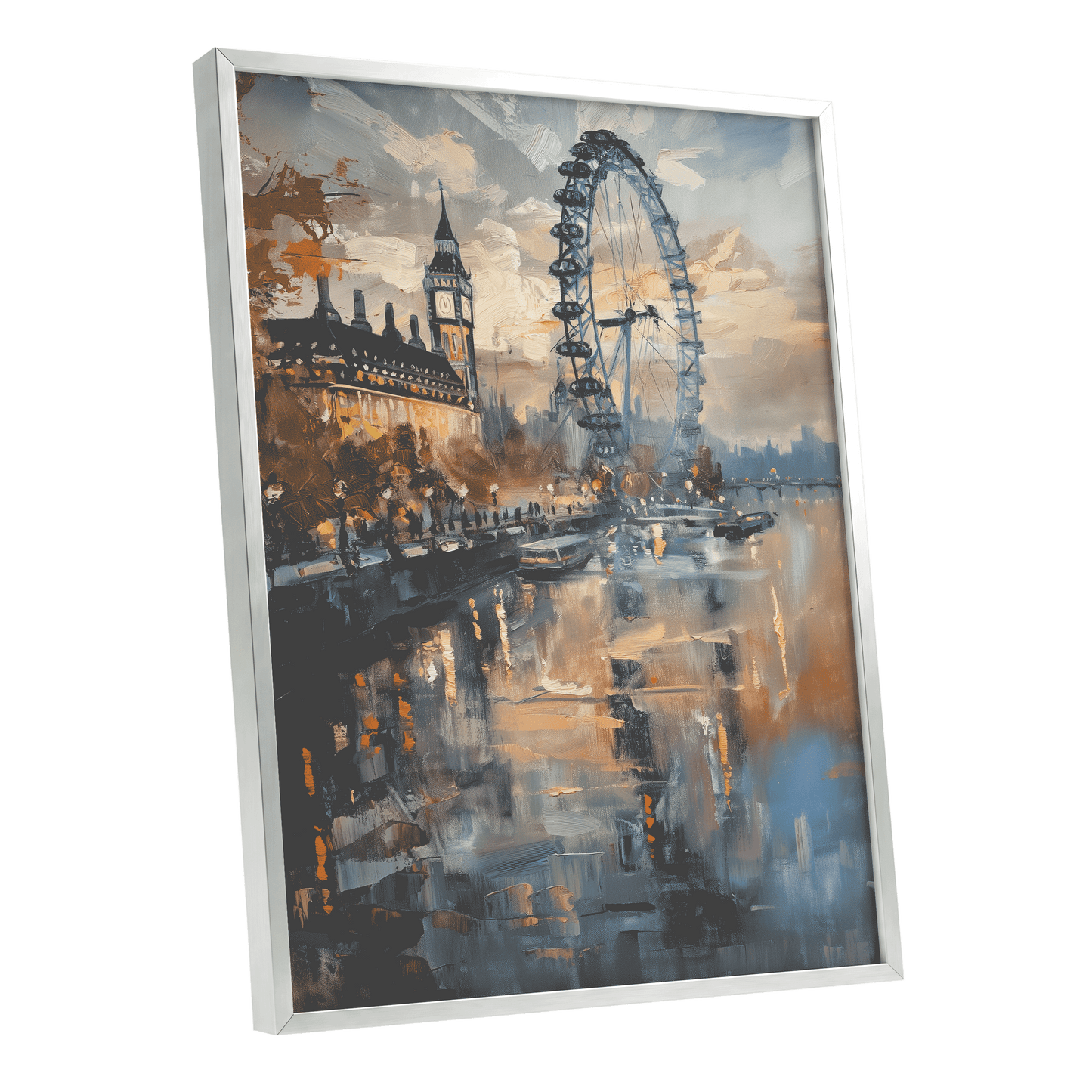 Thames Afterglow, blue, beige, brown abstract wall art shown as a silver framed poster wall art print