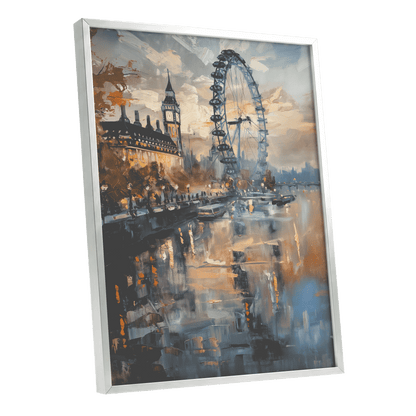 Thames Afterglow, blue, beige, brown abstract wall art shown as a silver framed poster wall art print