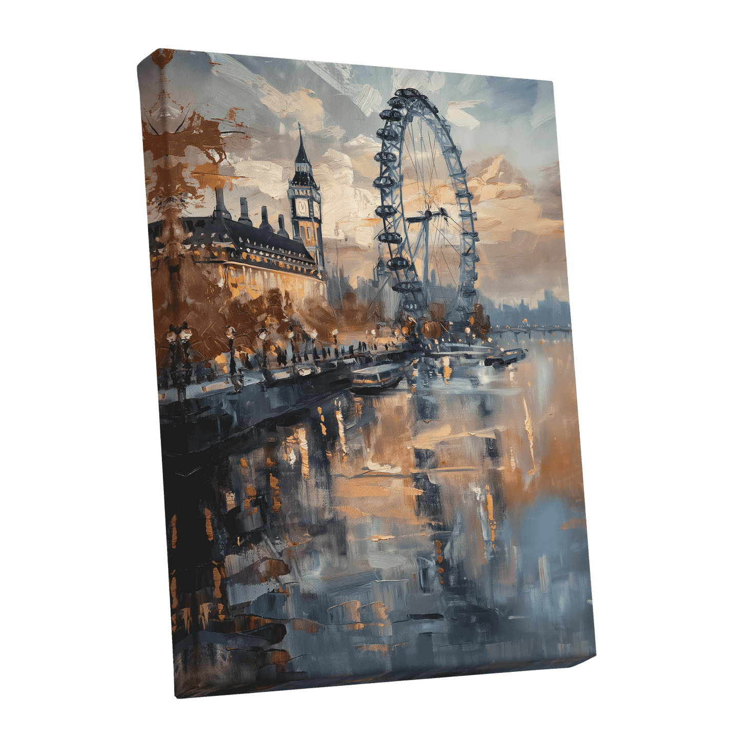Thames Afterglow, blue, beige, brown abstract wall art shown as a stretched canvas wall art