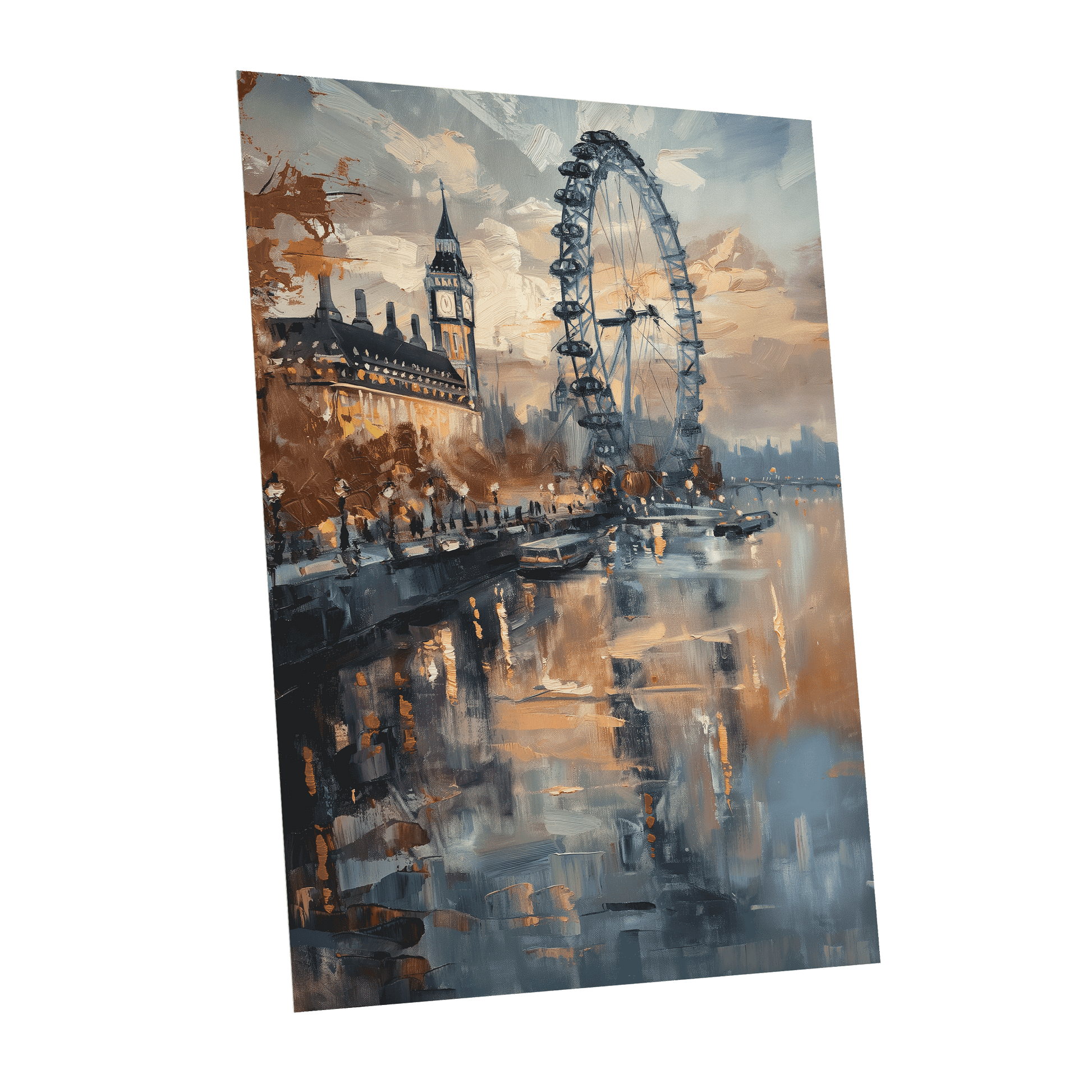 Thames Afterglow, blue, beige, brown abstract wall art shown as a unframed poster wall art print