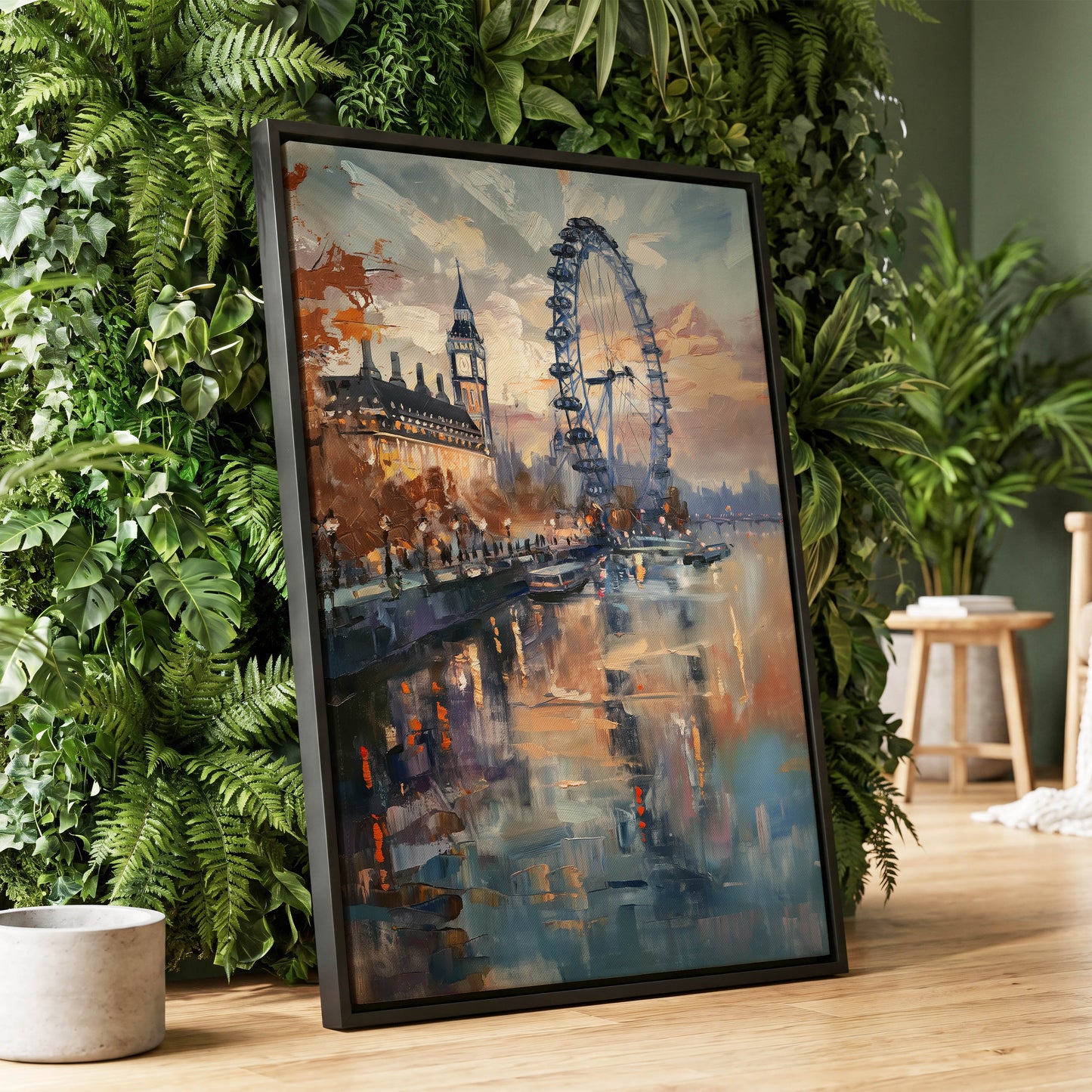 Thames Afterglow, blue, beige, brown abstract wall art displayed in a styled interior, gallery view 1