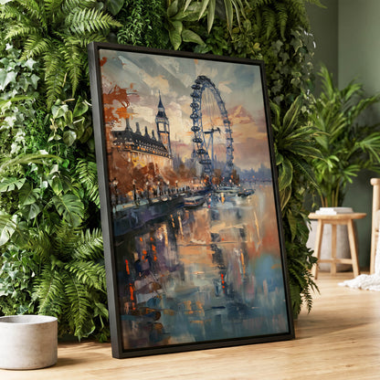 Thames Afterglow, blue, beige, brown abstract wall art displayed in a styled interior, gallery view 1