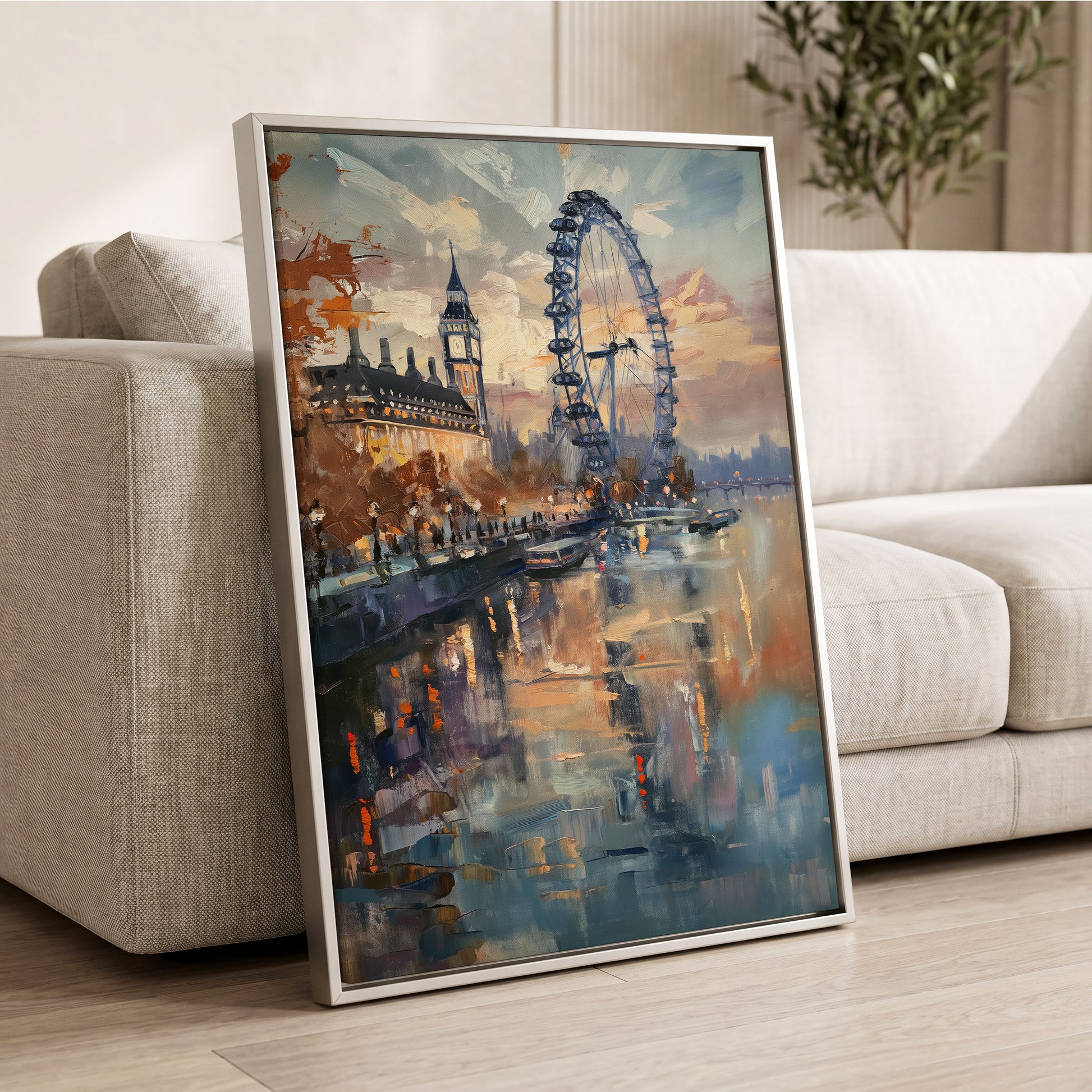 Thames Afterglow, blue, beige, brown abstract wall art displayed in a styled interior, gallery view 2
