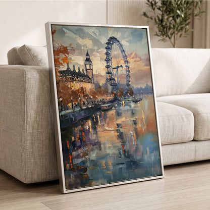 Thames Afterglow, blue, beige, brown abstract wall art displayed in a styled interior, gallery view 2