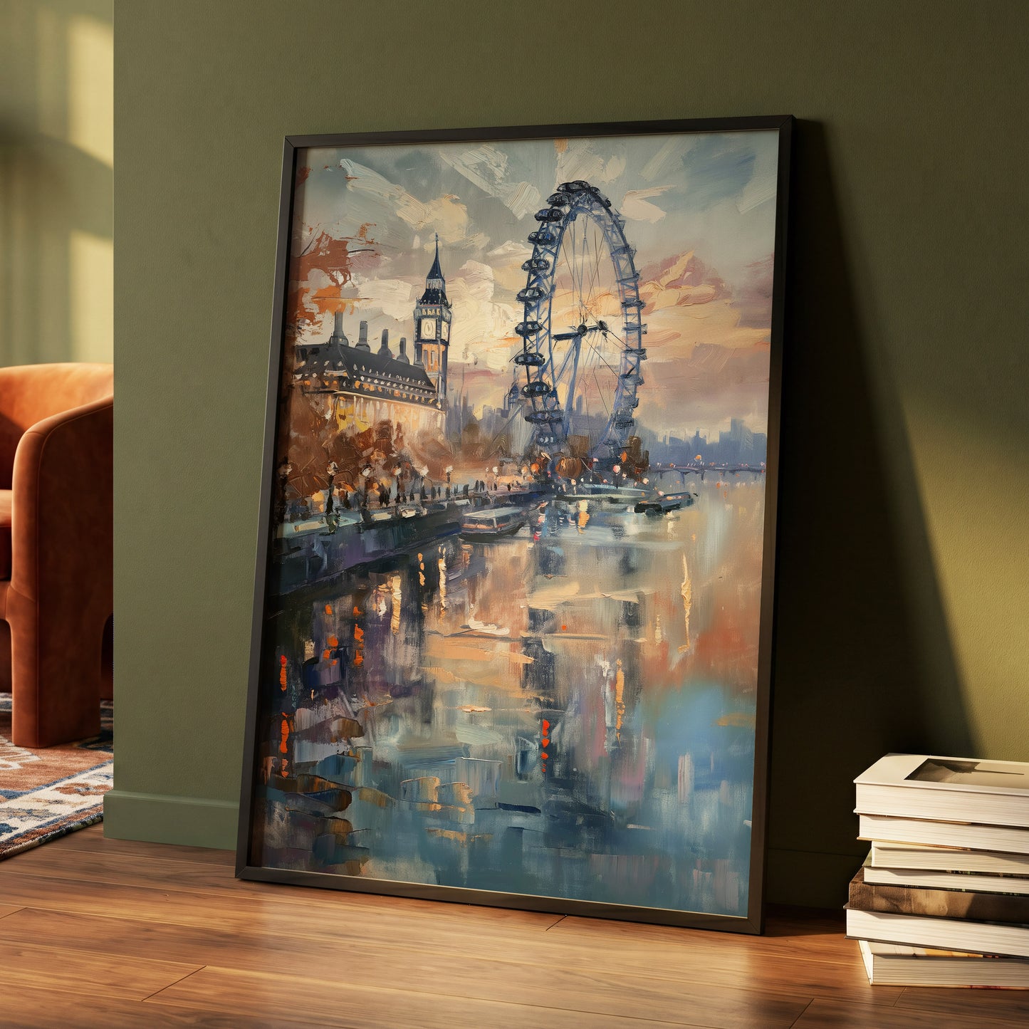 Thames Afterglow, blue, beige, brown abstract wall art displayed in a styled interior, gallery view 4