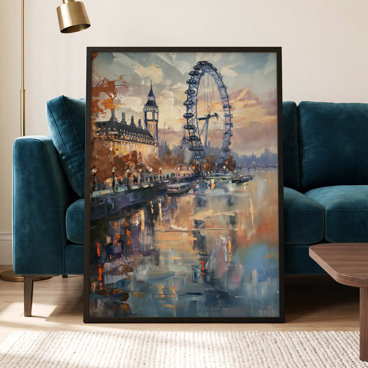 Thames Afterglow, blue, beige, brown abstract wall art displayed in a styled interior, gallery view 6