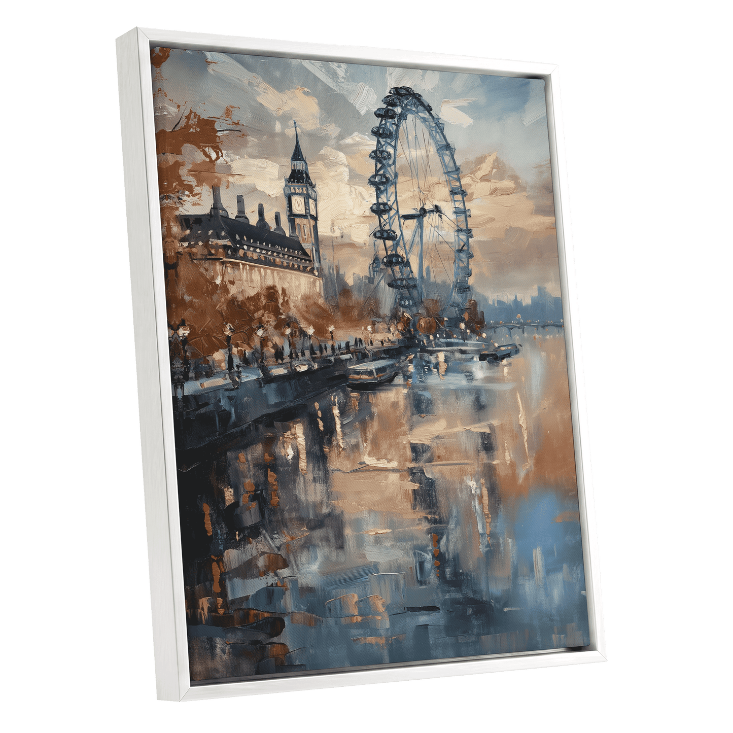 Thames Afterglow, blue, beige, brown abstract wall art shown as a white framed canvas wall art