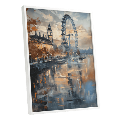Thames Afterglow, blue, beige, brown abstract wall art shown as a white framed poster wall art print