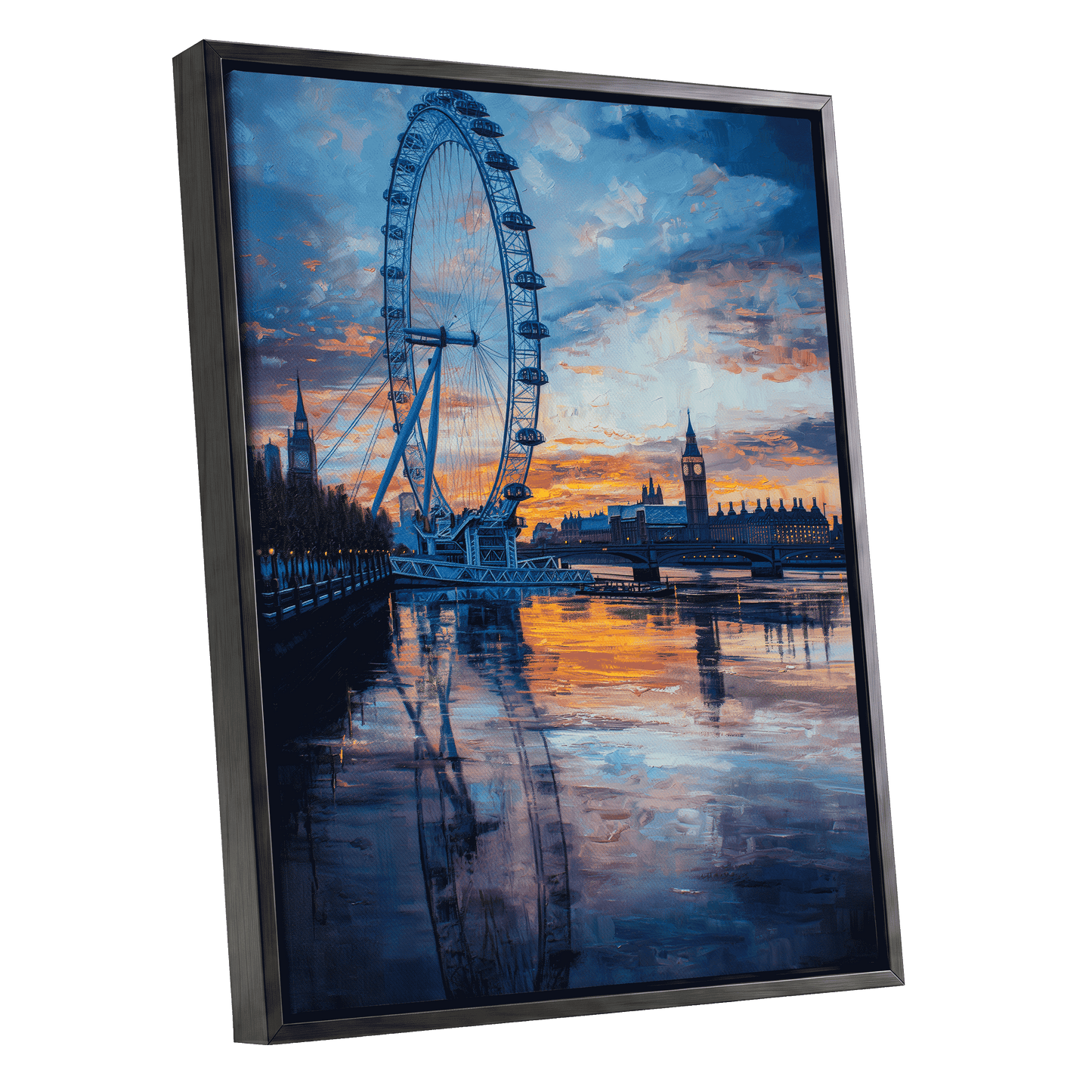 Thames at Golden Hour, blue, orange, gray abstract wall art shown as a black framed canvas wall art