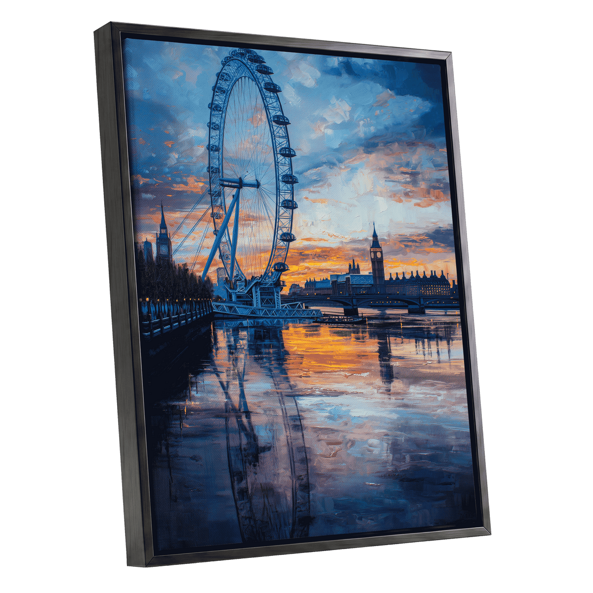 Thames at Golden Hour, blue, orange, gray abstract wall art shown as a black framed canvas wall art