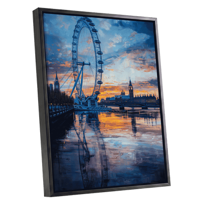 Thames at Golden Hour, blue, orange, gray abstract wall art shown as a black framed canvas wall art