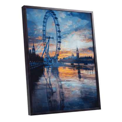 Thames at Golden Hour, blue, orange, gray abstract wall art shown as a black framed poster wall art print