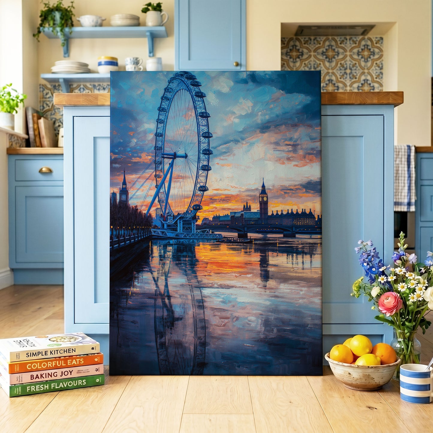 Thames at Golden Hour, blue, orange, gray abstract wall art on canvas displayed in a styled interior, gallery view 1