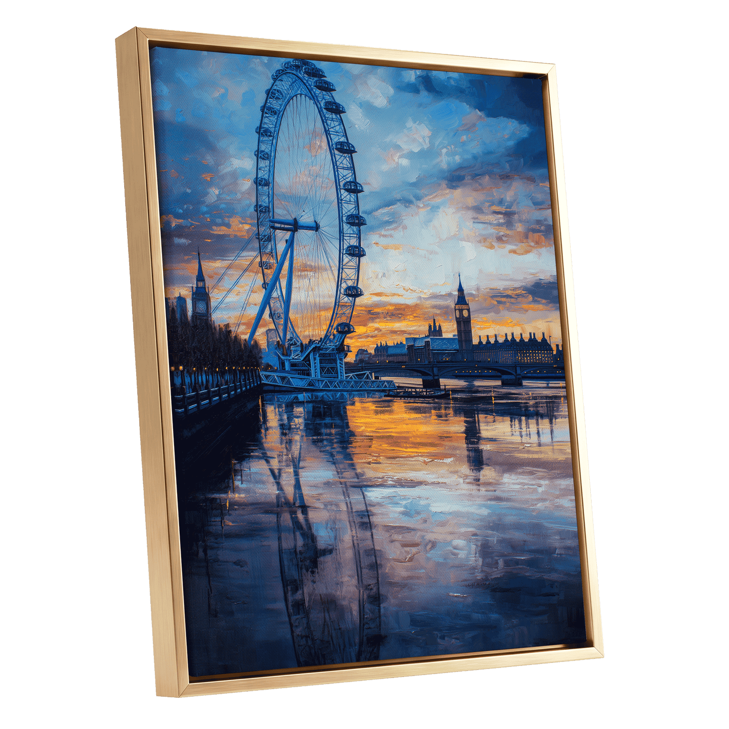 Thames at Golden Hour, blue, orange, gray abstract wall art shown as a gold framed canvas wall art