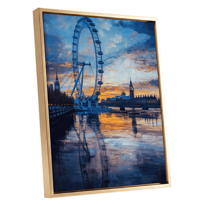 Thames at Golden Hour, blue, orange, gray abstract wall art shown as a gold framed canvas wall art