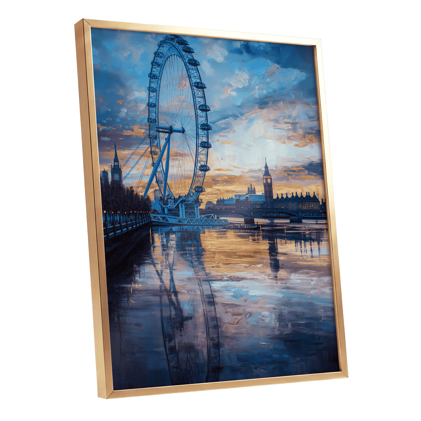 Thames at Golden Hour, blue, orange, gray abstract wall art shown as a gold framed poster wall art print