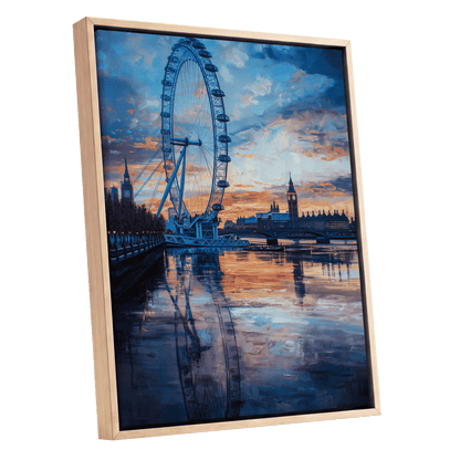 Thames at Golden Hour, blue, orange, gray abstract wall art shown as a oak framed canvas wall art