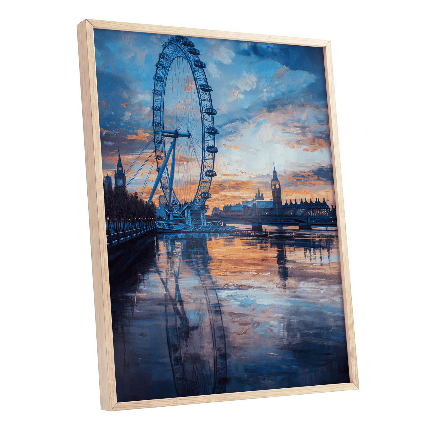 Thames at Golden Hour, blue, orange, gray abstract wall art shown as a oak framed poster wall art print