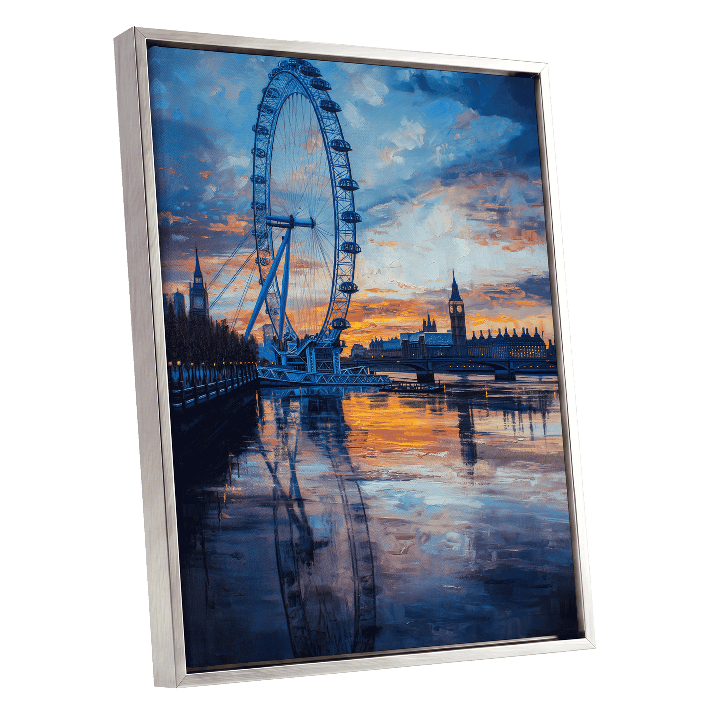 Thames at Golden Hour, blue, orange, gray abstract wall art shown as a silver framed canvas wall art