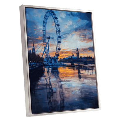 Thames at Golden Hour, blue, orange, gray abstract wall art shown as a silver framed canvas wall art