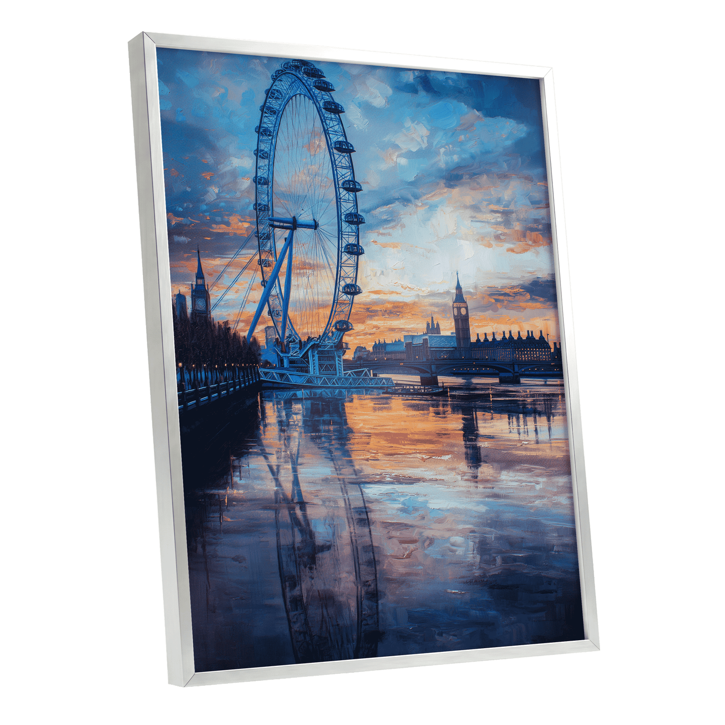 Thames at Golden Hour, blue, orange, gray abstract wall art shown as a silver framed poster wall art print