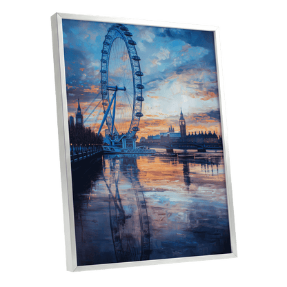 Thames at Golden Hour, blue, orange, gray abstract wall art shown as a silver framed poster wall art print