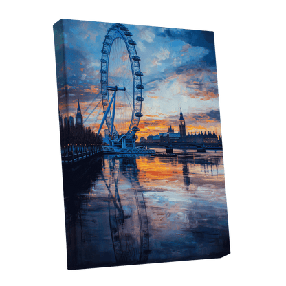 Thames at Golden Hour, blue, orange, gray abstract wall art shown as a stretched canvas wall art