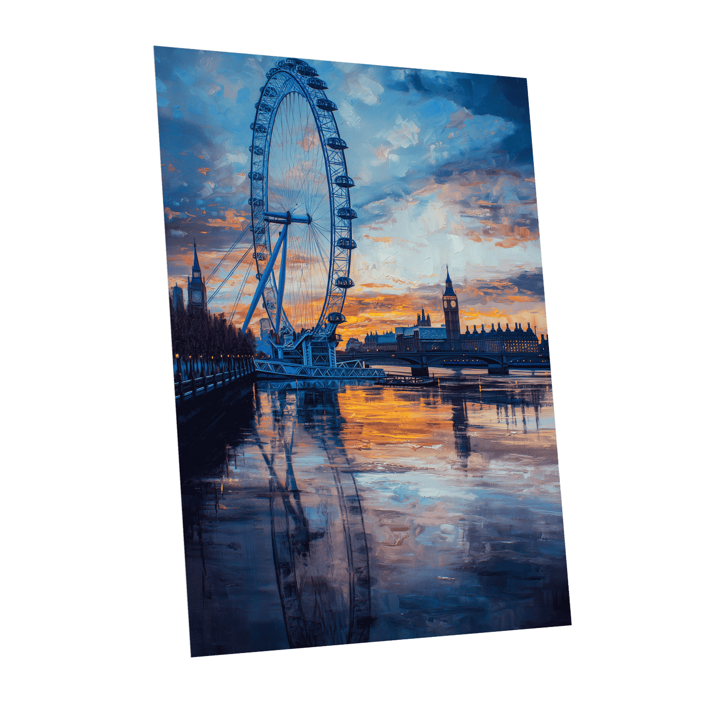 Thames at Golden Hour, blue, orange, gray abstract wall art shown as a unframed poster wall art print