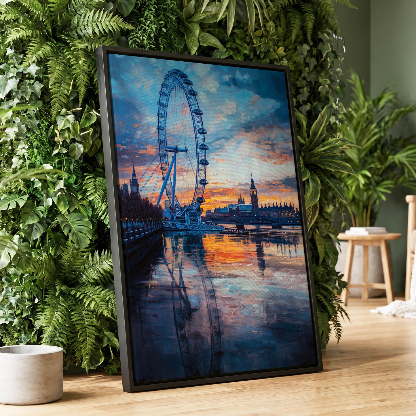 Thames at Golden Hour, blue, orange, gray abstract wall art displayed in a styled interior, gallery view 1