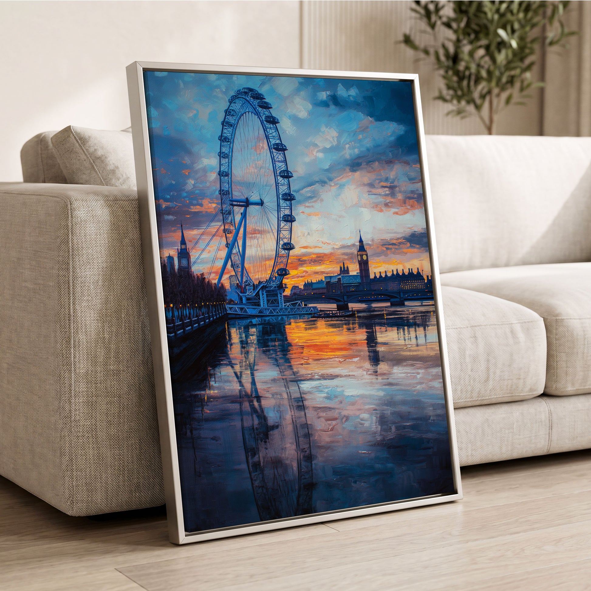 Thames at Golden Hour, blue, orange, gray abstract wall art displayed in a styled interior, gallery view 2