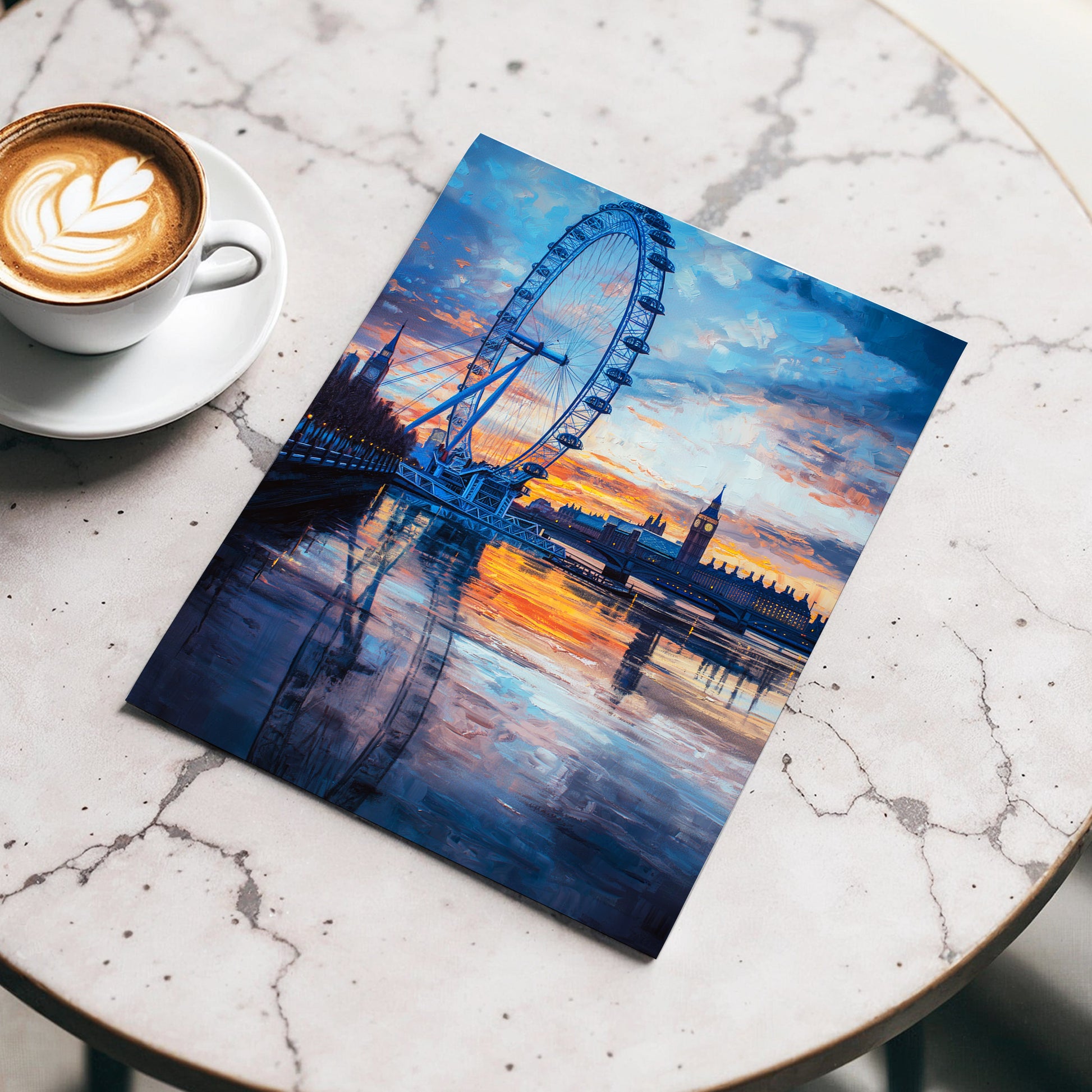 Thames at Golden Hour, blue, orange, gray abstract wall art displayed in a styled interior, gallery view 3