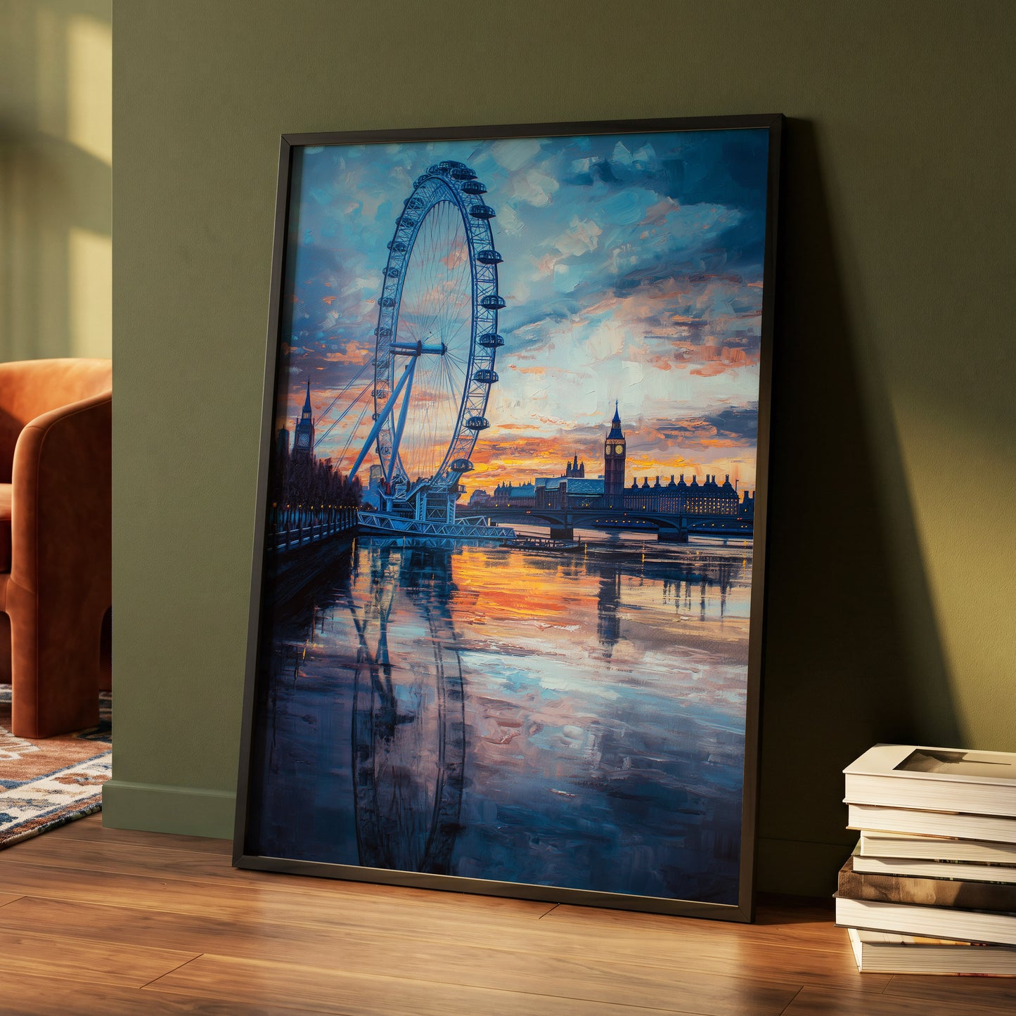 Thames at Golden Hour, blue, orange, gray abstract wall art displayed in a styled interior, gallery view 4