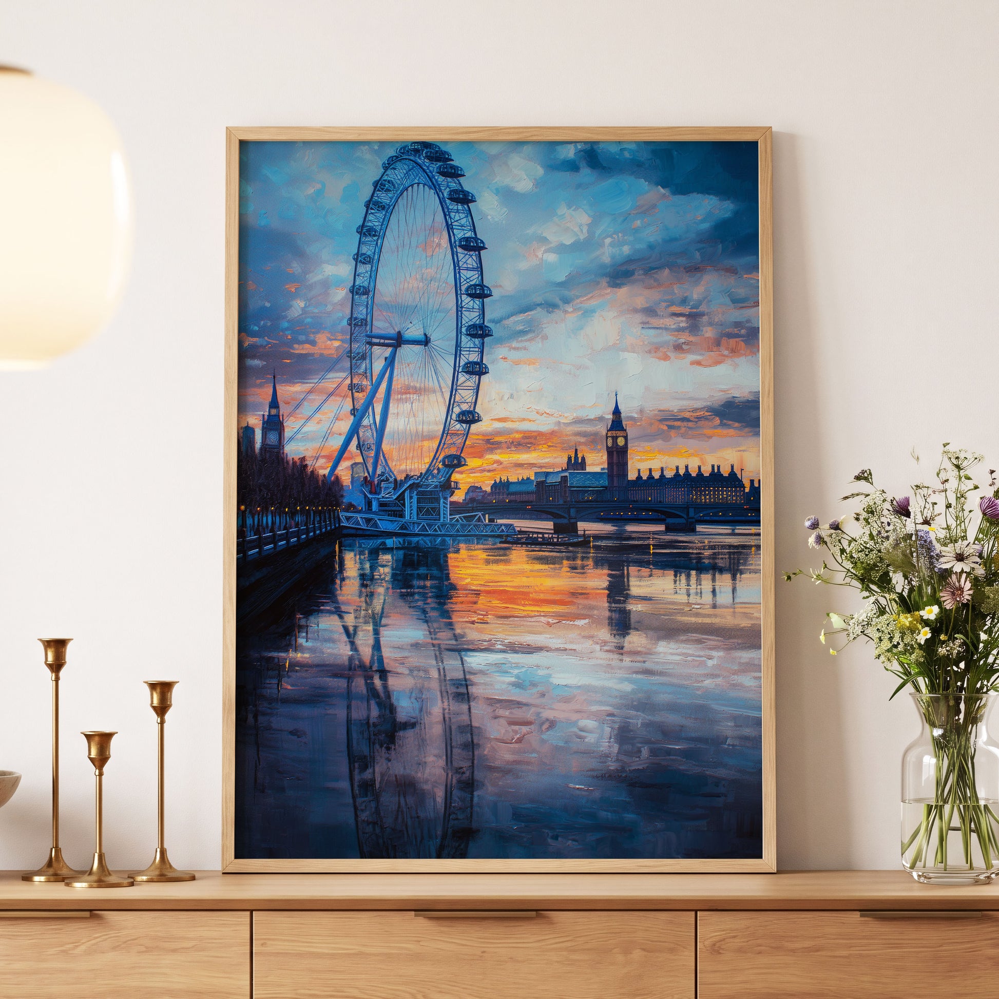 Thames at Golden Hour, blue, orange, gray abstract wall art displayed in a styled interior, gallery view 5