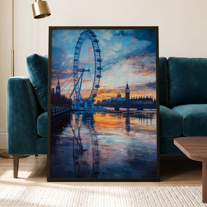 Thames at Golden Hour, blue, orange, gray abstract wall art displayed in a styled interior, gallery view 6