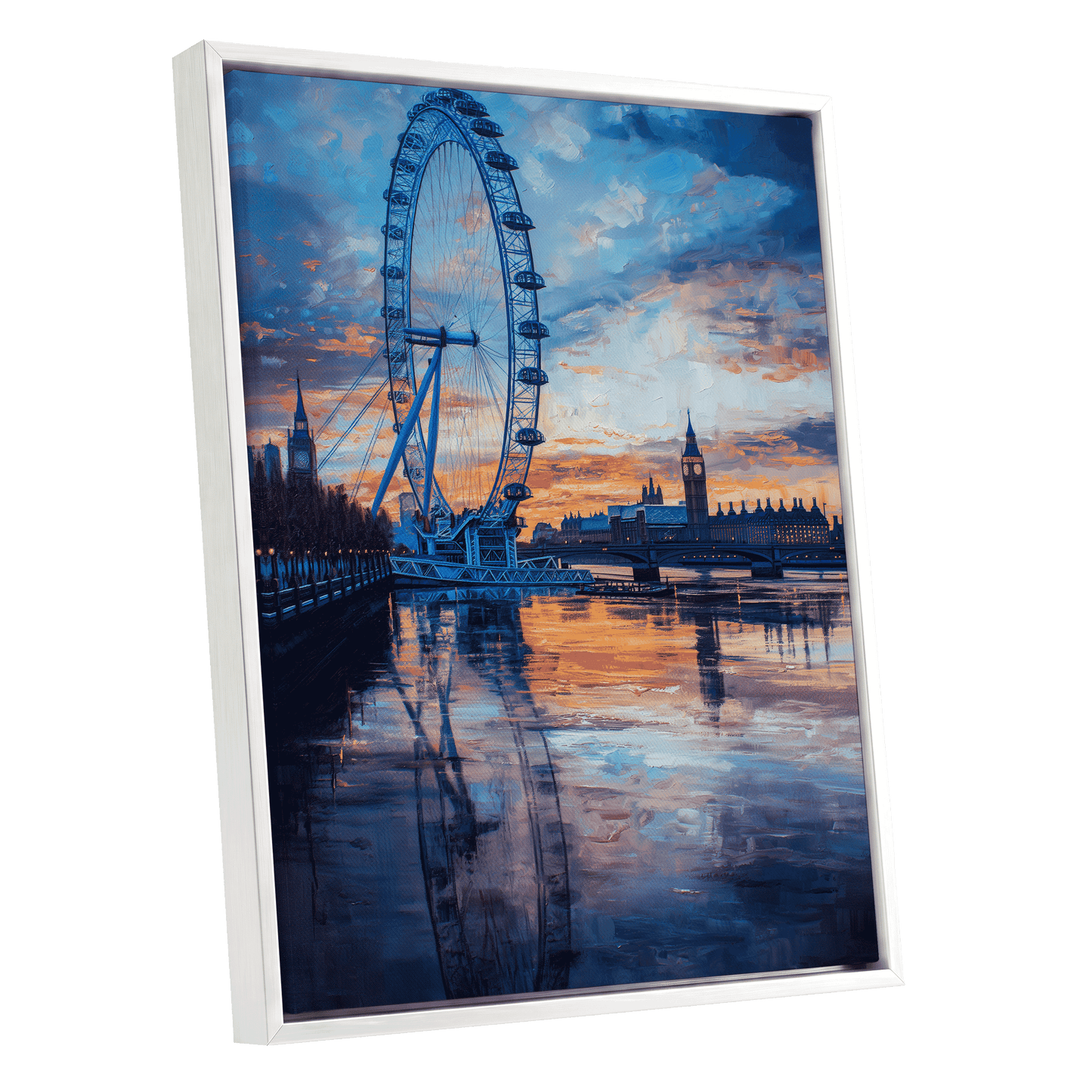 Thames at Golden Hour, blue, orange, gray abstract wall art shown as a white framed canvas wall art