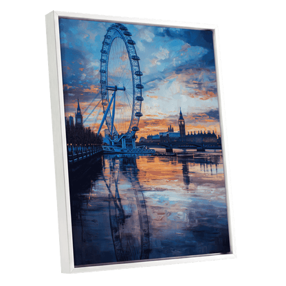 Thames at Golden Hour, blue, orange, gray abstract wall art shown as a white framed canvas wall art