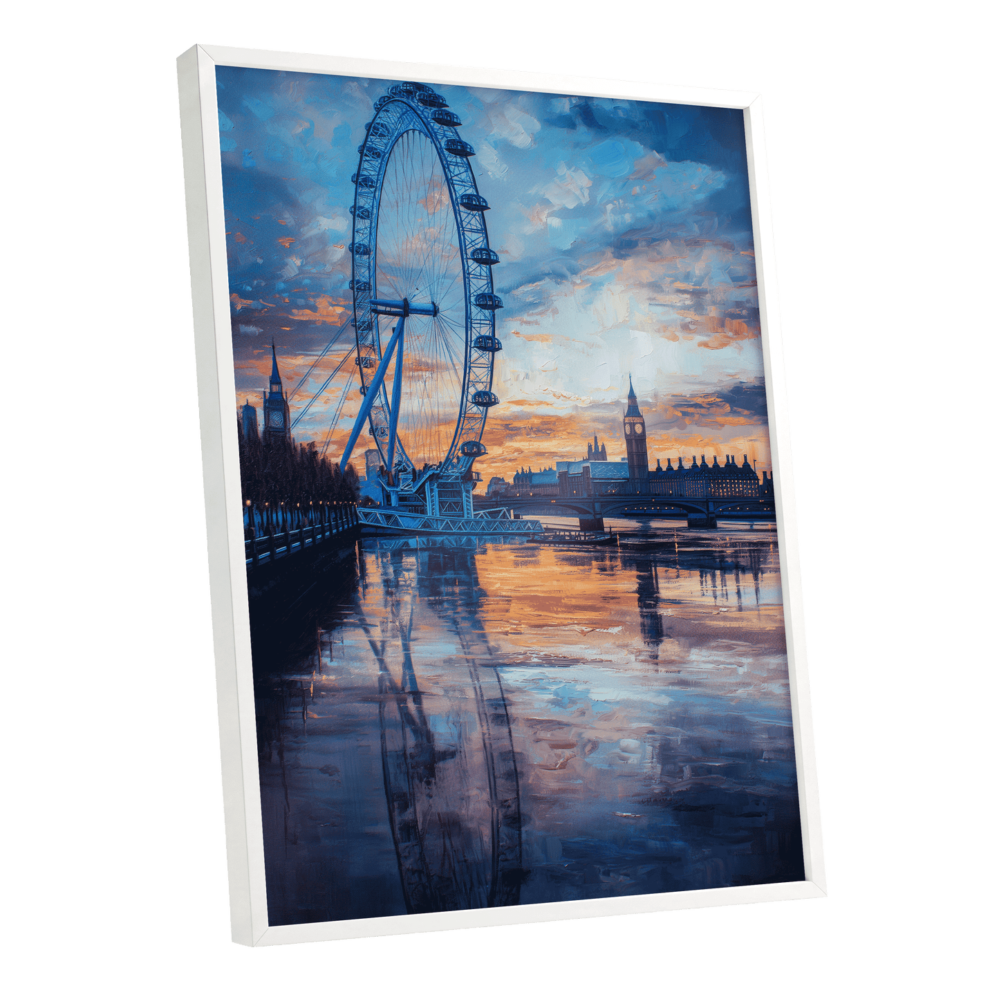 Thames at Golden Hour, blue, orange, gray abstract wall art shown as a white framed poster wall art print