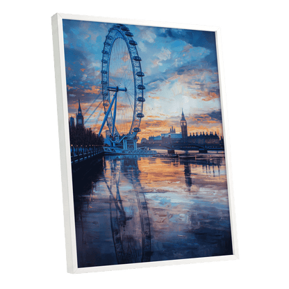 Thames at Golden Hour, blue, orange, gray abstract wall art shown as a white framed poster wall art print