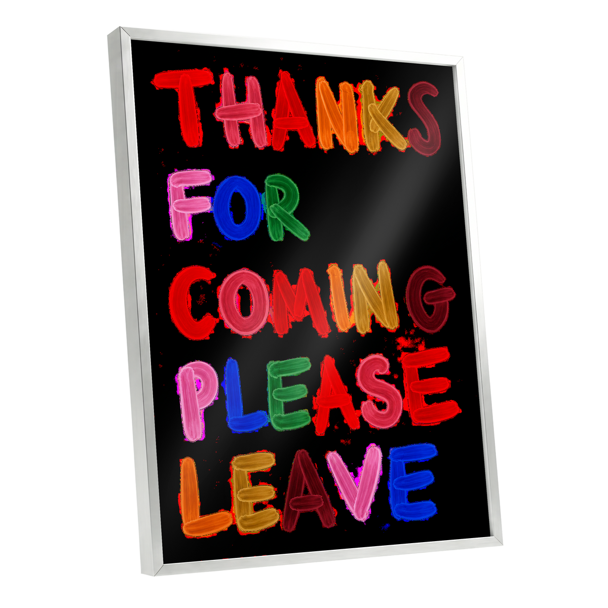 Thanks, Now Please Leave, black, red, pink abstract wall art shown as a silver framed poster wall art print