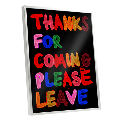 Thanks, Now Please Leave, black, red, pink abstract wall art shown as a silver framed poster wall art print