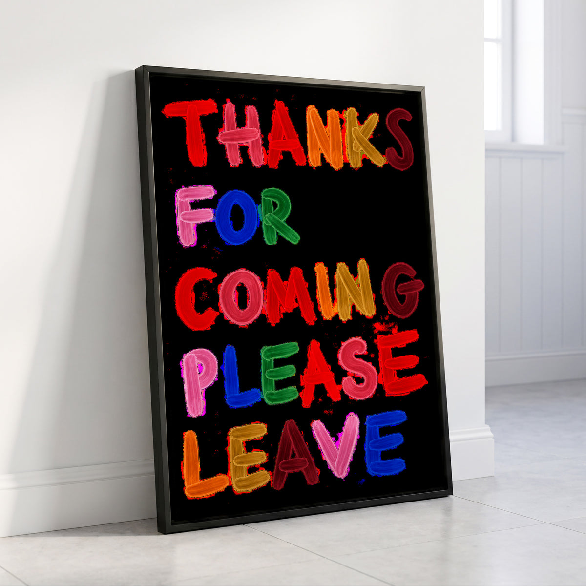 Thanks, Now Please Leave, black, red, pink abstract wall art displayed in a styled interior, gallery view 4