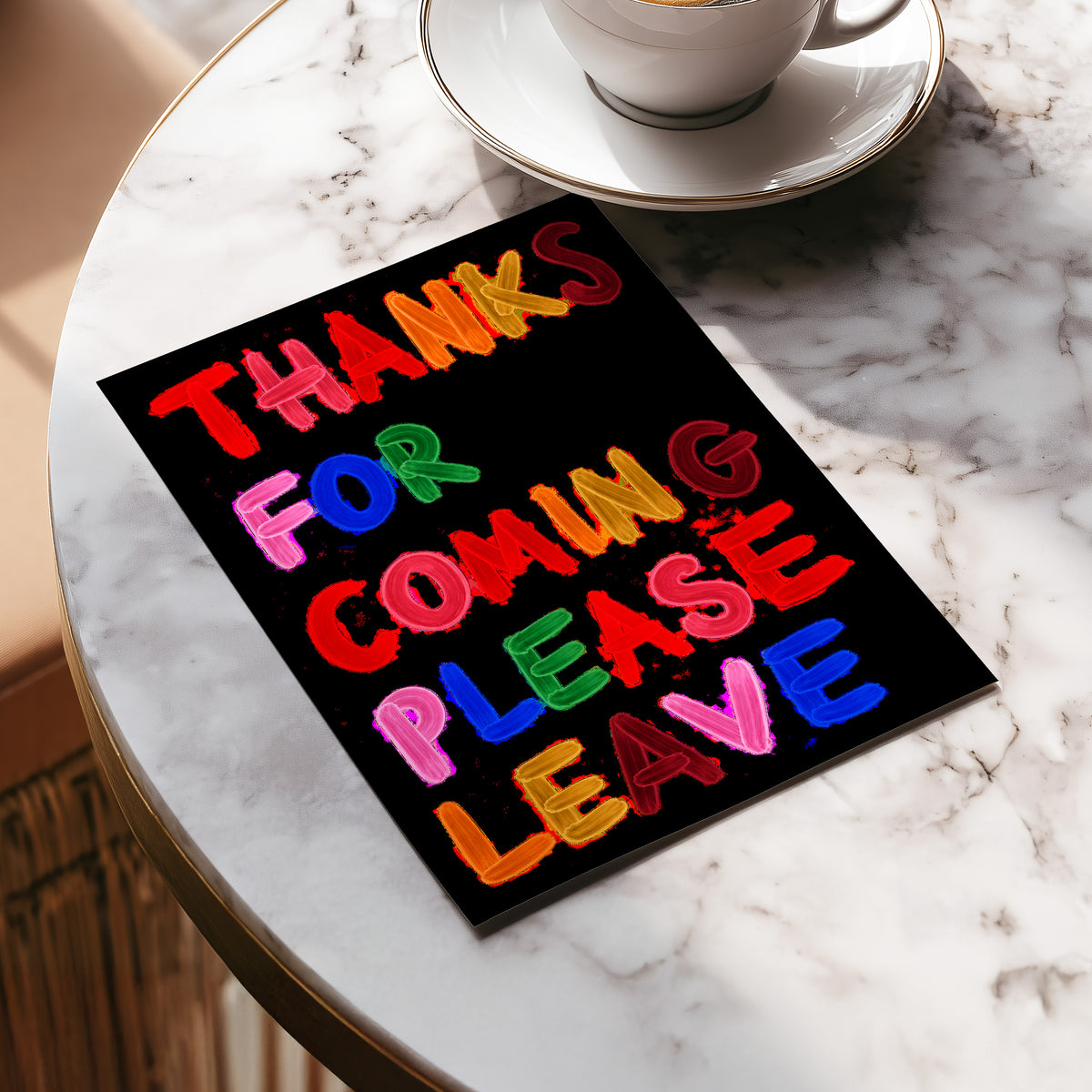 Thanks, Now Please Leave, black, red, pink abstract wall art displayed in a styled interior, gallery view 5