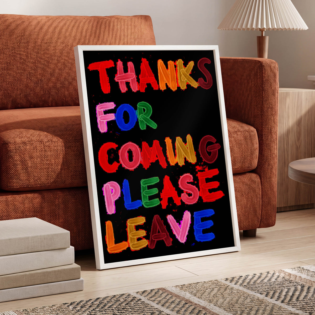 Thanks, Now Please Leave, black, red, pink abstract wall art displayed in a styled interior, gallery view 6